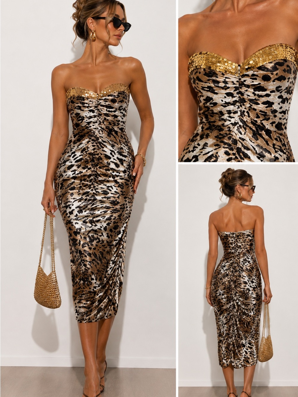 Y2K Animal Print Sequin Strapless Midi Dress